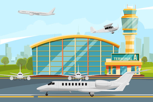 illustrazioni stock, clip art, cartoni animati e icone di tendenza di costruzione moderna del terminal aeroportuale con torre di controllo. pista con aerei - airport window outdoors airfield