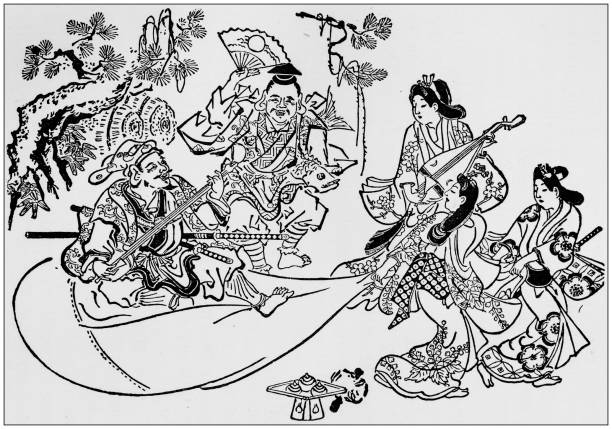 istock Antique Japanese Illustration: Divinities Daikoku and Ebisu by Hishikawa Moronobu (1680) 827662614