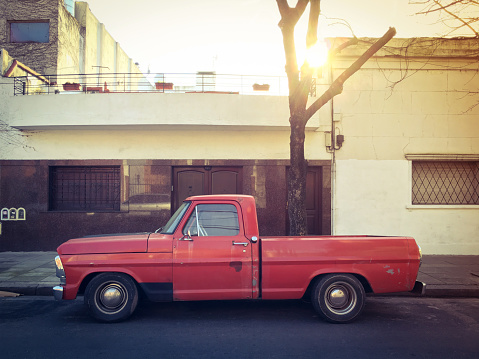 Vintage red truck parked in the street in Buenos Aires, Argentina