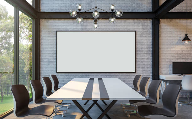 Loft style meeting room 3d rendering image Loft style meeting room 3d rendering image.There are white brick wall,polished concrete floor and black steel structure.There are large windows look out to see the nature meeting room stock pictures, royalty-free photos & images