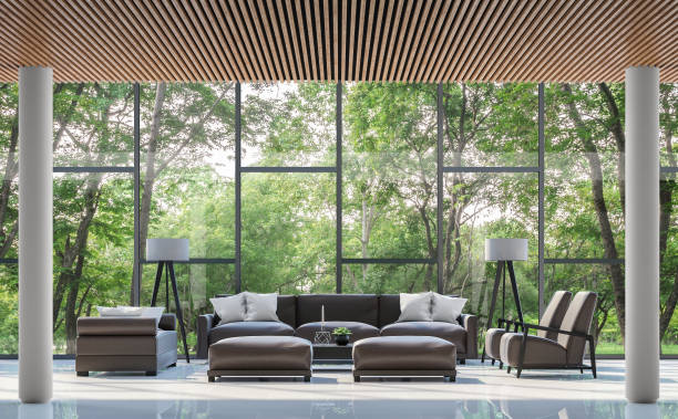 istock Modern living room interior with garden view 3d rendering image 827667322