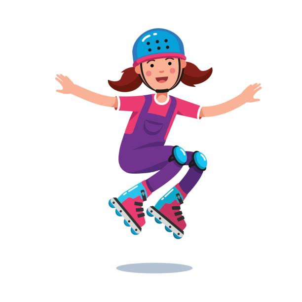 Girl in jumpsuit, helmet jumping on roller blades Cute smiling teen girl in jumpsuit wearing helmet and kneepads jumping and rolling on roller blades. Flat style character vector illustration isolated on white background. extreem weer stock illustrations