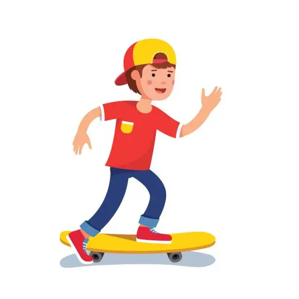 Vector illustration of Teen boy in baseball cap riding on skateboard