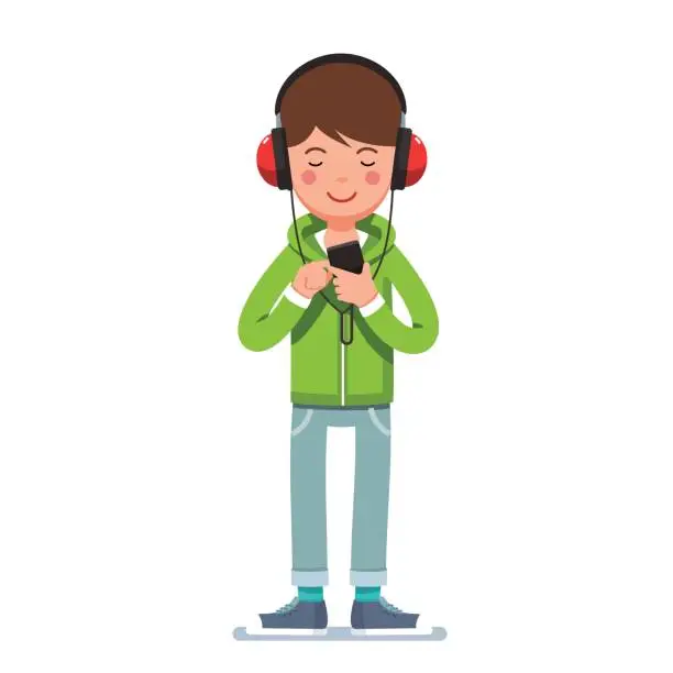 Vector illustration of Teen boy in headphones listening to music on phone