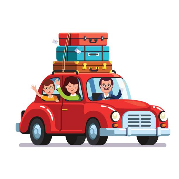 illustrazioni stock, clip art, cartoni animati e icone di tendenza di famiglia che viaggia in auto con bagagli sul tetto - people traveling journey animated cartoon mother