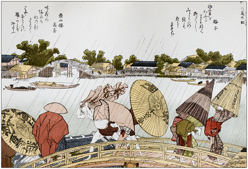 Antique Japanese Illustration: Makura bridge over the Sumida river by Hokusai