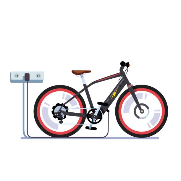 ilustrações de stock, clip art, desenhos animados e ícones de electric bicycle charging batteries with outlet - electric bicycle