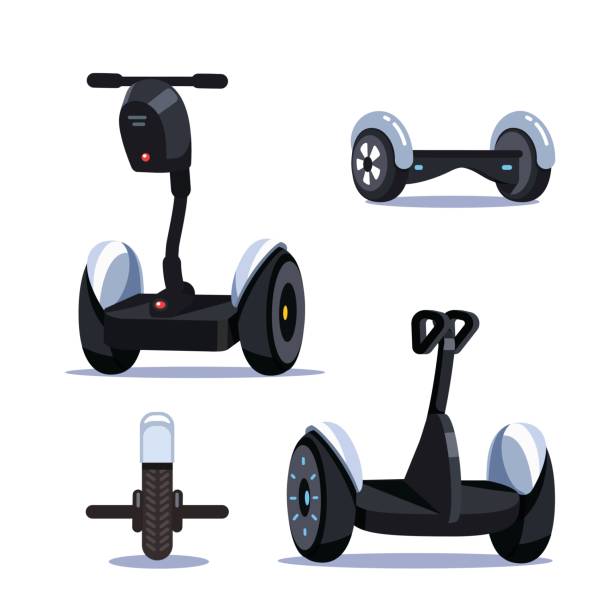 Electric batteries charged standing urban vehicles Modern electric batteries charged standing urban vehicles. Self balancing ride with handlebars, hoverboard, gyro board, mono wheel. Environment friendly ECO rides. Flat vector isolated illustration. hoverboard stock illustrations