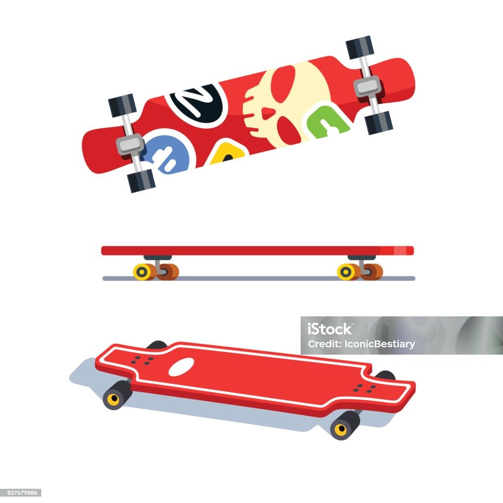 Longboard top, side and bottom views Longboard top, side and bottom views. Colorful long boards with modern sticker bombs. Flat style vector illustration isolated on white background. Boarding stock vector