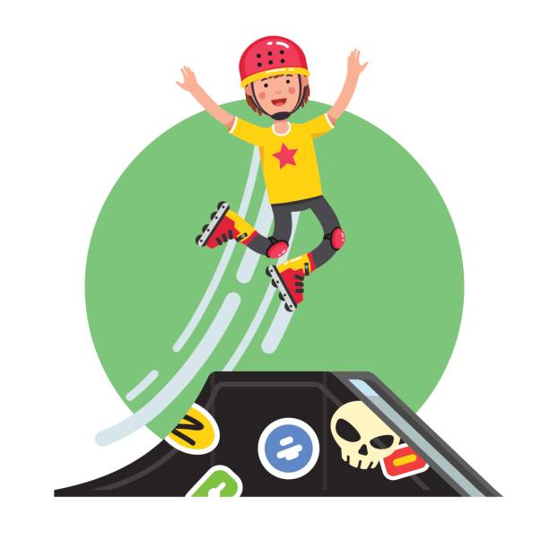 подросток делает трюк прыжок с рампы на скейтборде - recreational pursuit schoolboy cartoon skate stock illustrations
