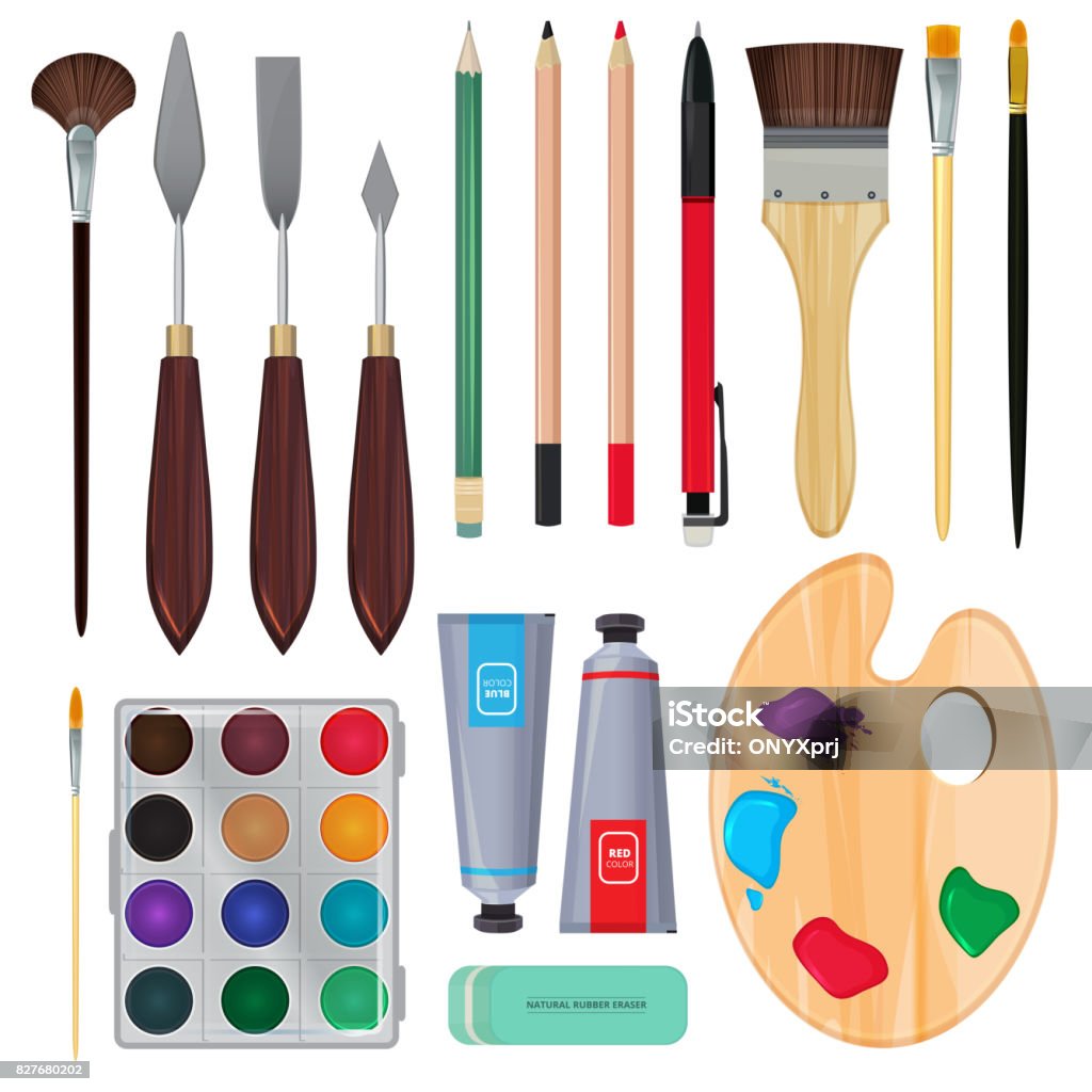 Cartoon paint brush. Painter instruments, different size brushes with paint  for drawing and painting vector objects set, Stock vector