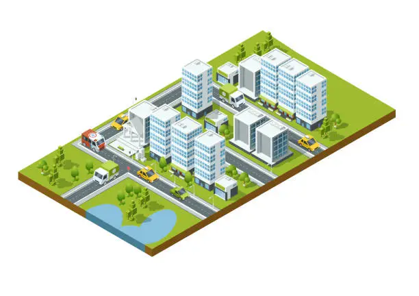 Vector illustration of Isometric perspective city with streets, houses, skyscrapers, parks and trees