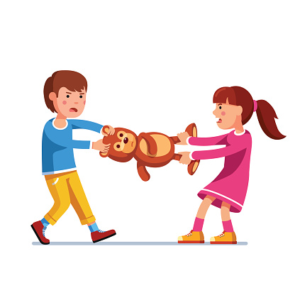 Kids girl and boy brother and sister fighting over a toy. Tearing teddy bear apart pulling it holding legs and head. Flat style character vector illustration isolated on white background.