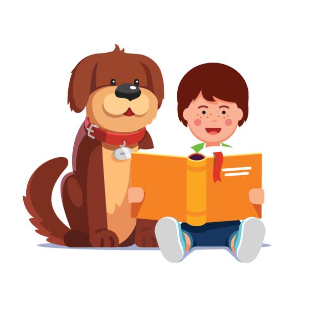 illustrazioni stock, clip art, cartoni animati e icone di tendenza di ragazzo ragazzo che legge libro seduto accanto al suo amico cane - humor book fun human age