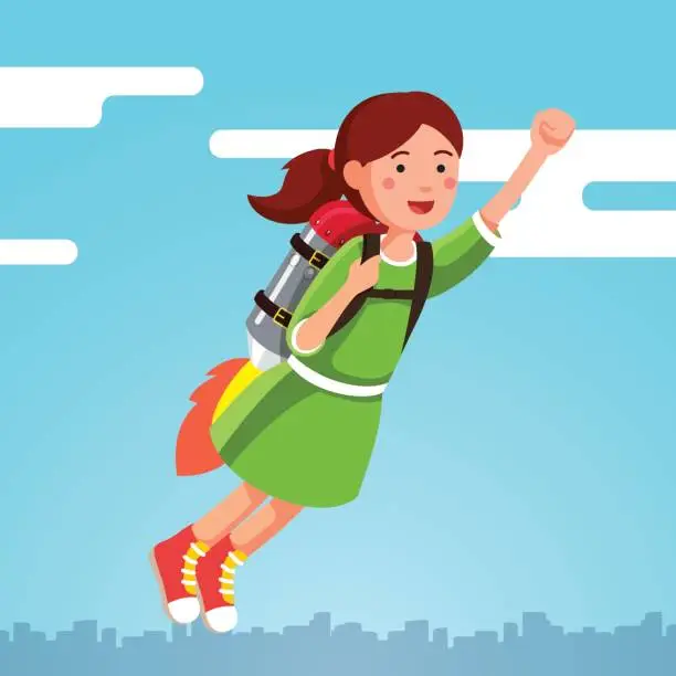 Vector illustration of Girl flying in the sky clouds on a rocket jetpack