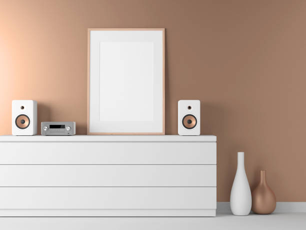 istock Poster with wooden Frame Mockup in modern interior, Micro stereo System on white shelf 827681090