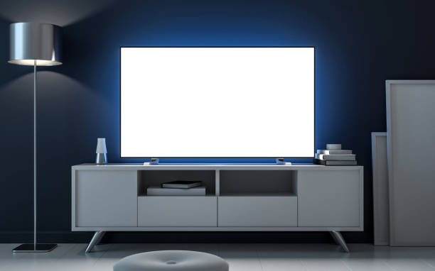 istock Tv mockup with blank white screen on bureau, evening room 827681166