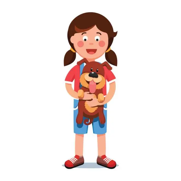 Vector illustration of Kid girl holding puppy dog friend in her hands