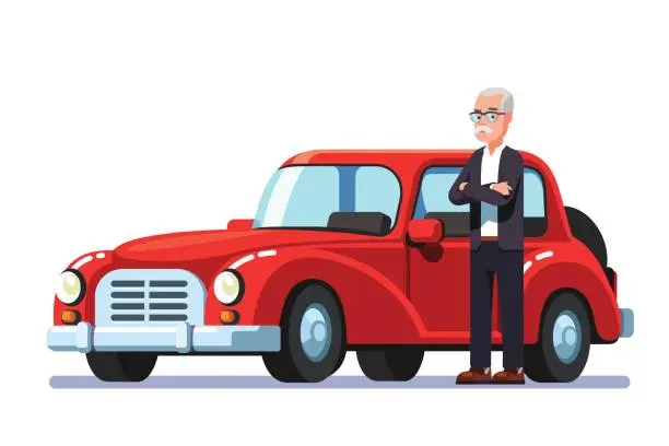 Vector illustration of Old rich man standing next to expensive retro car
