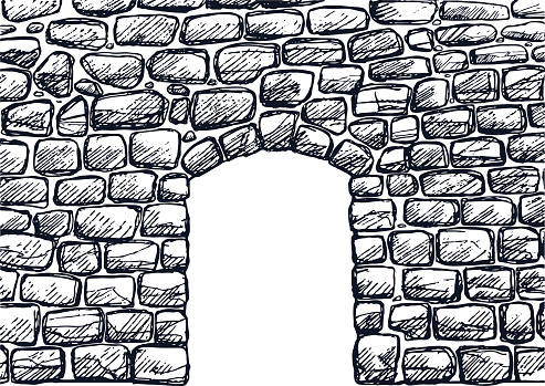Stone wall with arched door with sketchy styled.