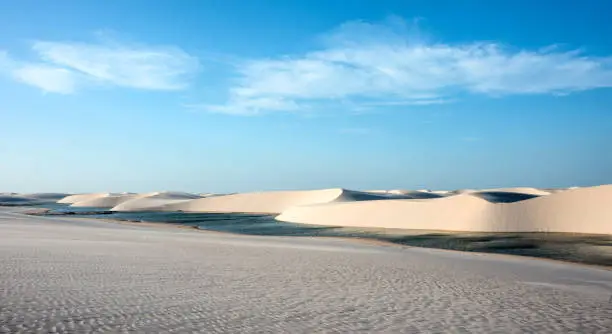 Photo of Lencois Maranhenses National Park, Brazil, low, flat, flooded land, overlaid with large, discrete sand dunes with blue and green lagoons