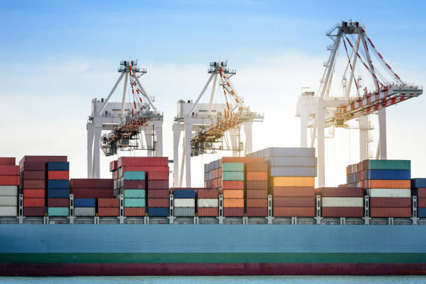 istock Logistics import export background of Container Cargo ship in seaport on blue sky, Freight Transportation 827692102