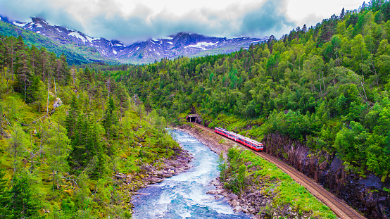 Train Oslo - Bergen in mountains. Norway.