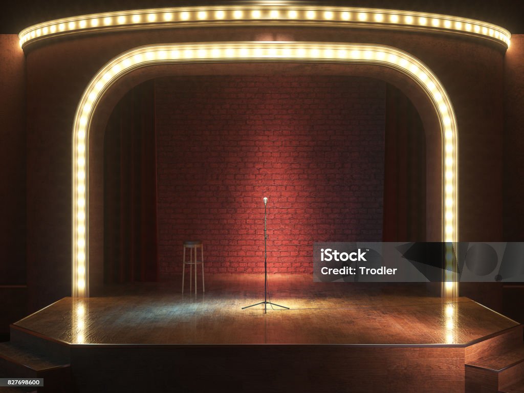 Dark empty stage with microphone. 3d render Dark empty comedy cabaret stage. 3d illustration Comedian Stock Photo