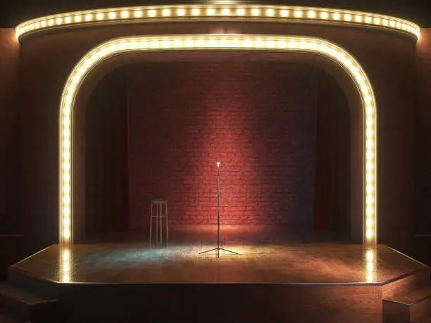 Photo of Dark empty stage with microphone. 3d render