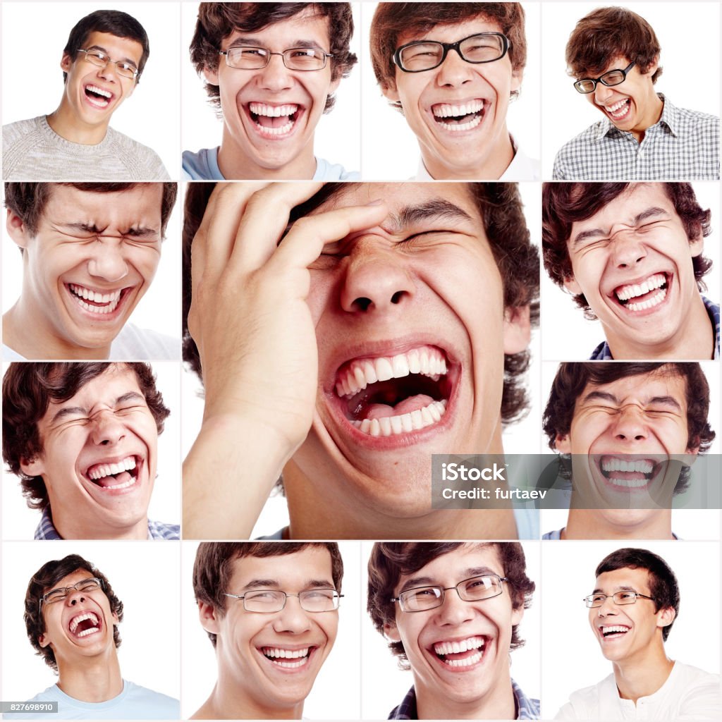 Laughing face collage Happy laughing face close up of young man. Laughter and smiles photo collection Adult Stock Photo