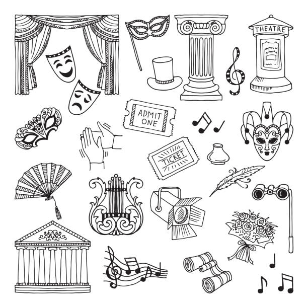 ilustraciones, imágenes clip art, dibujos animados e iconos de stock de doodle conjunto de ilustración de los símbolos del teatro. lira, prismáticos, máscaras. iconos de vector de ópera - sketch decor drawing architectural feature