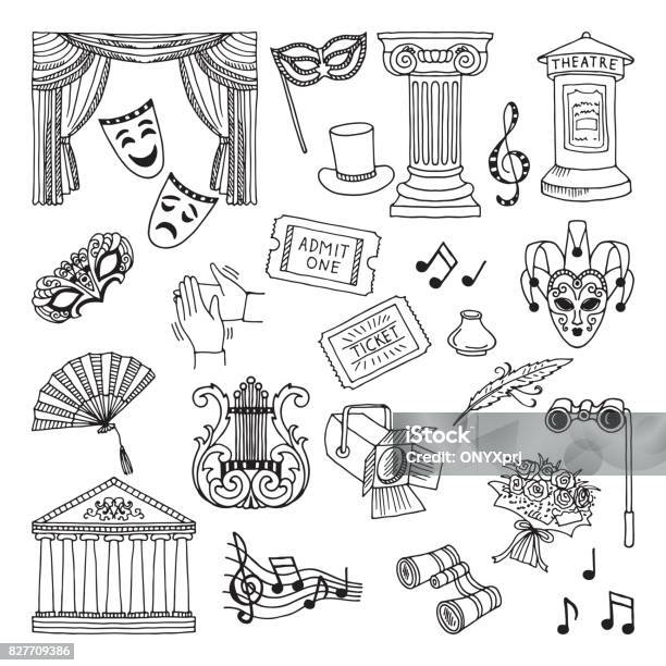 Doodle Illustration Set Of Theatre Symbols Lira Binoculars Masks Opera Vector Icons Stock Illustration - Download Image Now