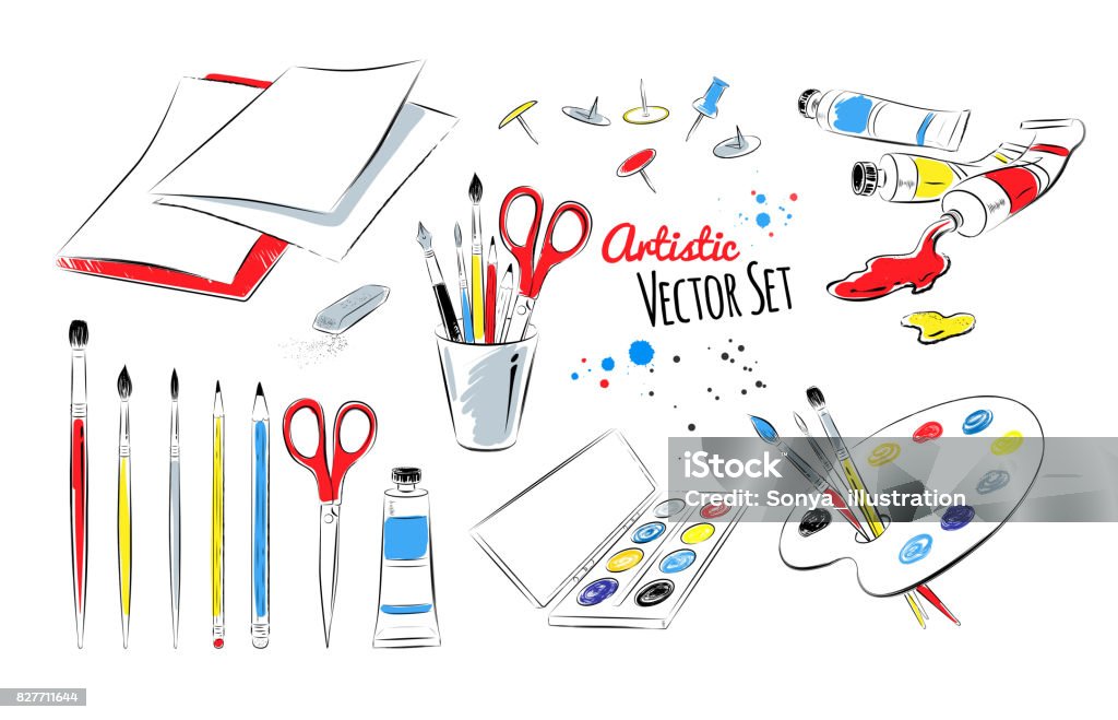 Vector set of artists supplies Vector set of artists supplies on white background. Art Class stock vector