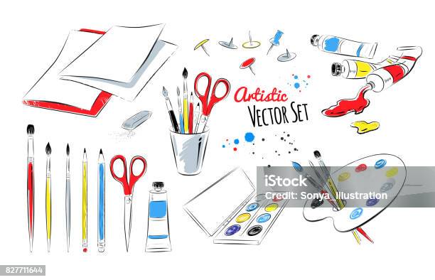 Vector Set Of Artists Supplies Stock Illustration - Download Image Now - Art Class, Icon Set, Art