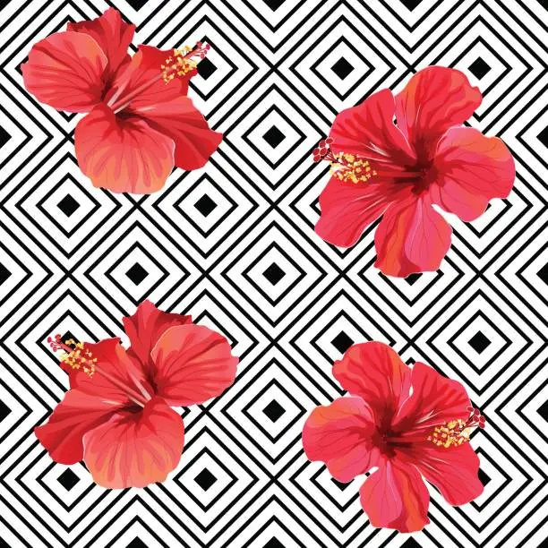 Vector illustration of Red hibiscus tropical flowers on geometric background seamless pattern