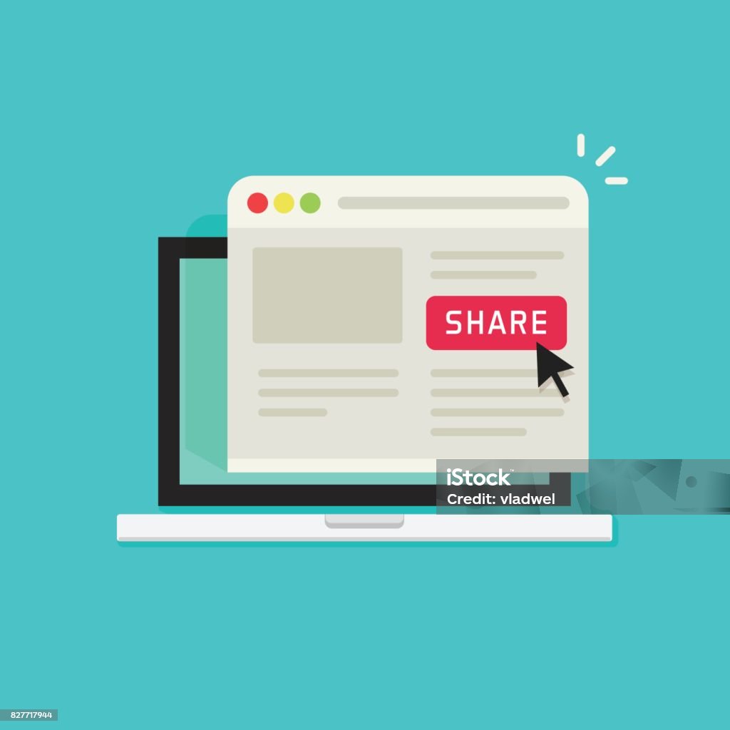 Sharing website page via share button on browser window in laptop computer screen vector illustration flat cartoon, concept of social media advertising, online marketing internet technology Sharing website page via share button on browser window in laptop computer screen vector illustration flat cartoon style, concept of social media advertising, online marketing internet technology Sharing stock vector