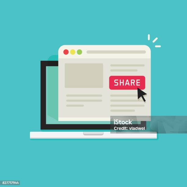 Sharing Website Page Via Share Button On Browser Window In Laptop Computer Screen Vector Illustration Flat Cartoon Concept Of Social Media Advertising Online Marketing Internet Technology Stock Illustration - Download Image Now