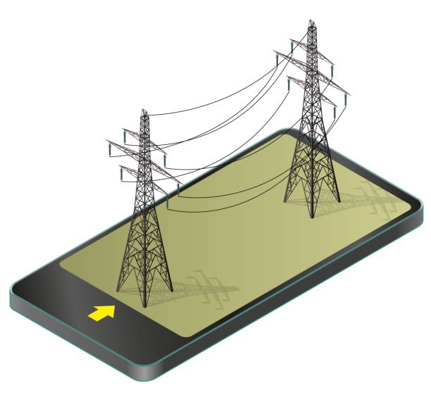 ilustraciones, imágenes clip art, dibujos animados e iconos de stock de torres de alta tensión de vector en móvil, perspectiva isométrica. - isometric power line electricity electricity pylon