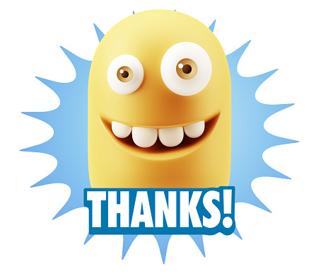 3d Rendering Smile Character Emoticon Expression saying Thanks with Colorful Speech Bubble.