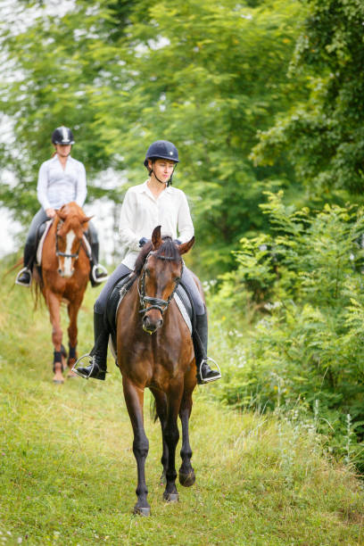 istock Two rider woman on horses going down from the hill 827733798