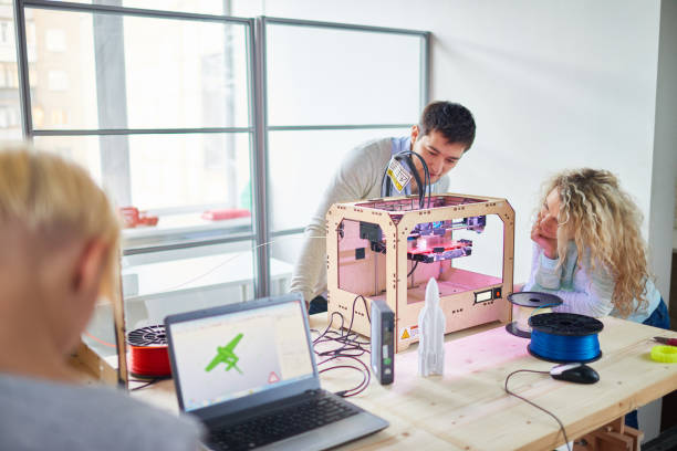 Designing product Group of young engineers making prototype of plane with 3D printing in technology laboratory and observing process 3d printing lab stock pictures, royalty-free photos & images