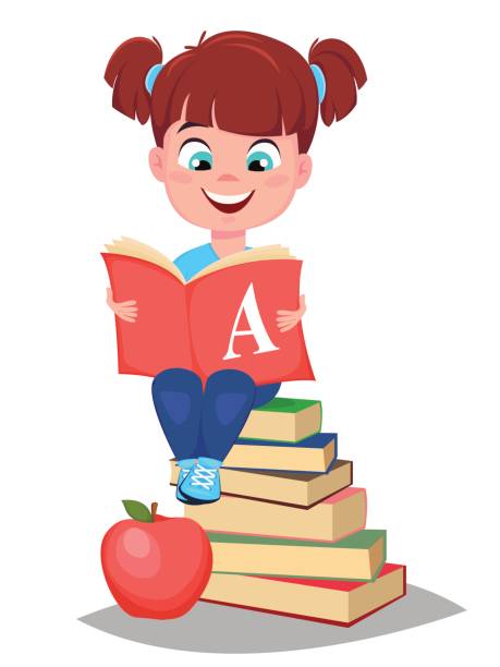 illustrazioni stock, clip art, cartoni animati e icone di tendenza di ragazza carina che tiene il primer e si siede su una pila di libri. una studentessa piuttosto piccola. - apple stack white backgrounds