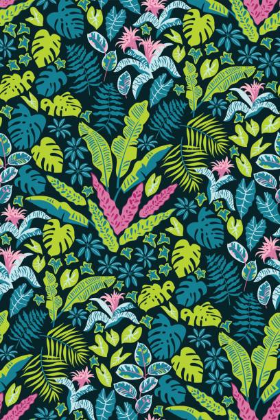Vector pattern Seamless pattern with rainforest plants. Trendy tropical design for textiles aechmea fasciata stock illustrations