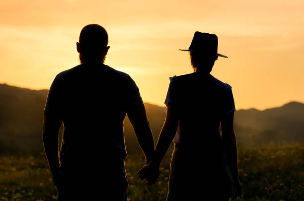 istock Couple holding hands and watching the sunset, silhouette 827757910