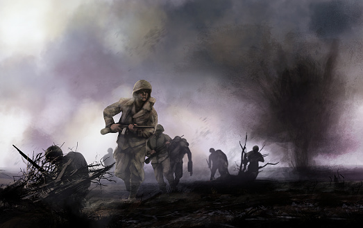 WW2 illustration of american soldiers platoon attacking on a battlefield with explosions and mist background.