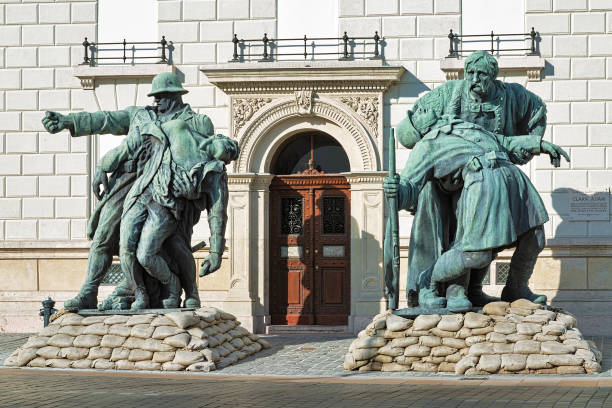 Budapest, Hungary - October 3, 2015: The Brother-in-Arms statues commemorating the heroes of Hungary in the First World War. The statues was designed by the Hungarian sculptors Kisfaludi Strobl Zsigmond and Orban Antal in 1920s.
