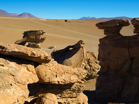 Rock formations in mountain desert of Cordillera de Lipez, Bolivia