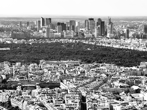 View of business district La Defense and Boulogne foreste in Paris, France