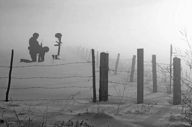 soldat und grab bei nebel und schnee - canadian soldier stock-fotos und bilder