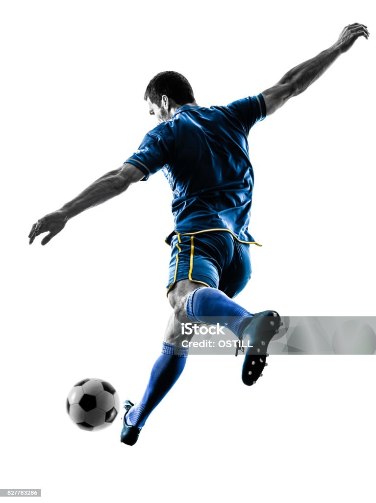 homem de jogador de futebol chutando silhueta isolada - Foto de stock de Jogador de Futebol royalty-free